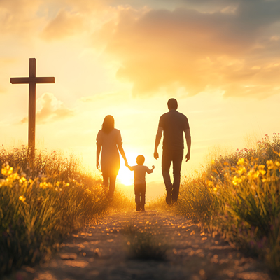 A family walks hand in hand along a sunlit path toward a cross, symbolizing faith, legacy, and passing values to the next generation.